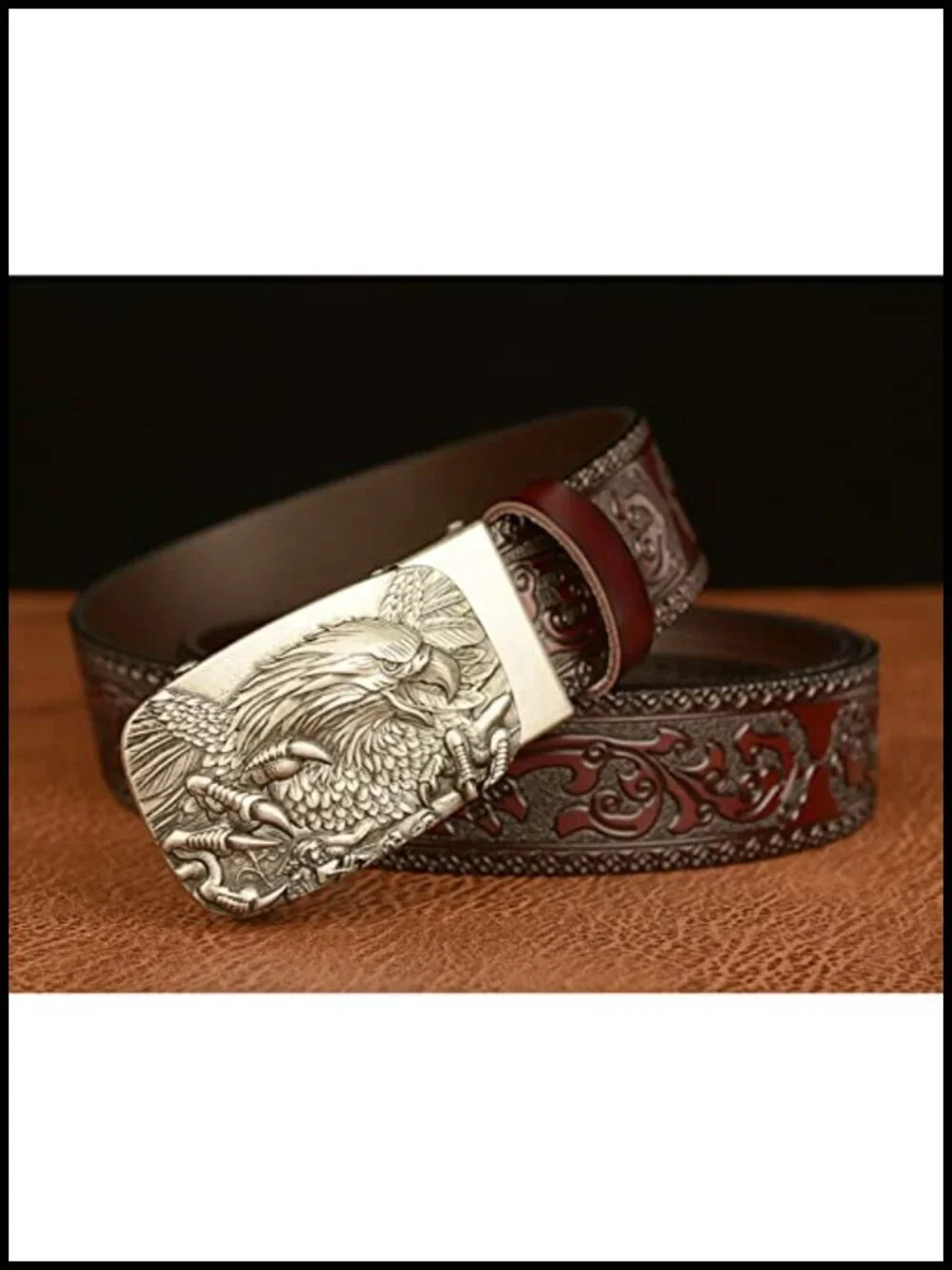Men's Genuine Leather Ratchet Belt with 3D Eagle Sliding Buckle